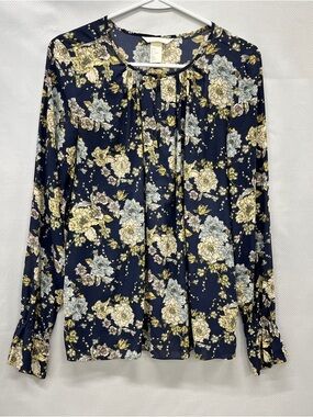 H&M Navy Floral Blouse with Yellow and Light Blue Blooms